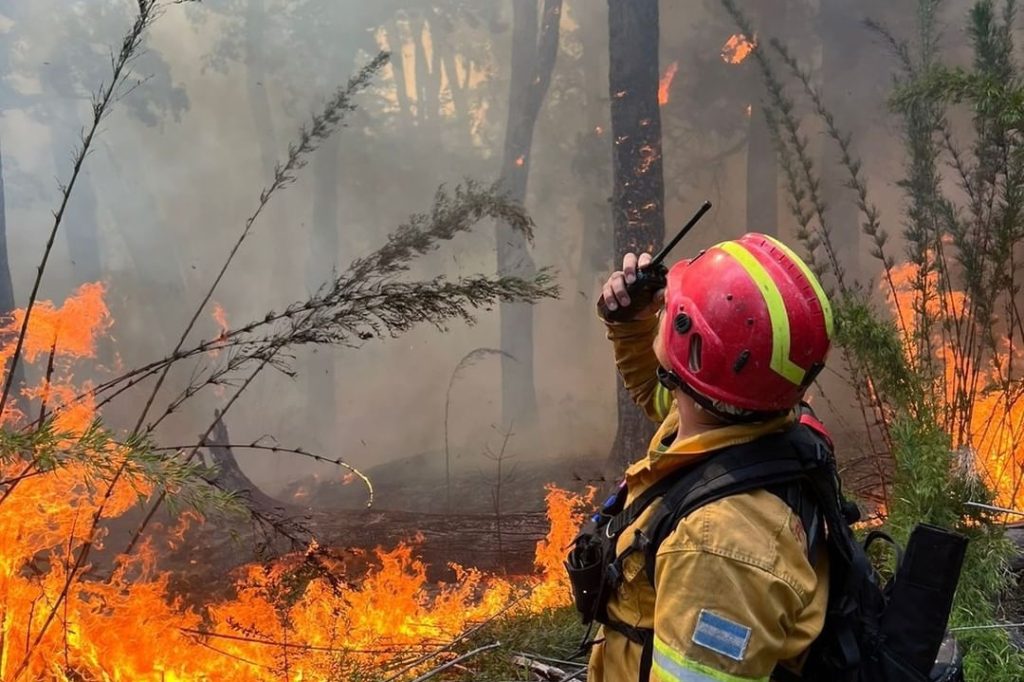 Brigadista en pleno incendio forestal en el PN Nahuel Huapi, 2024