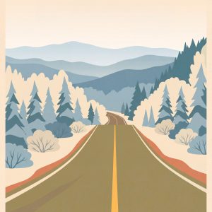 Camino en la Patagonia, Argentina con montañas y árboles en tonos pastel.