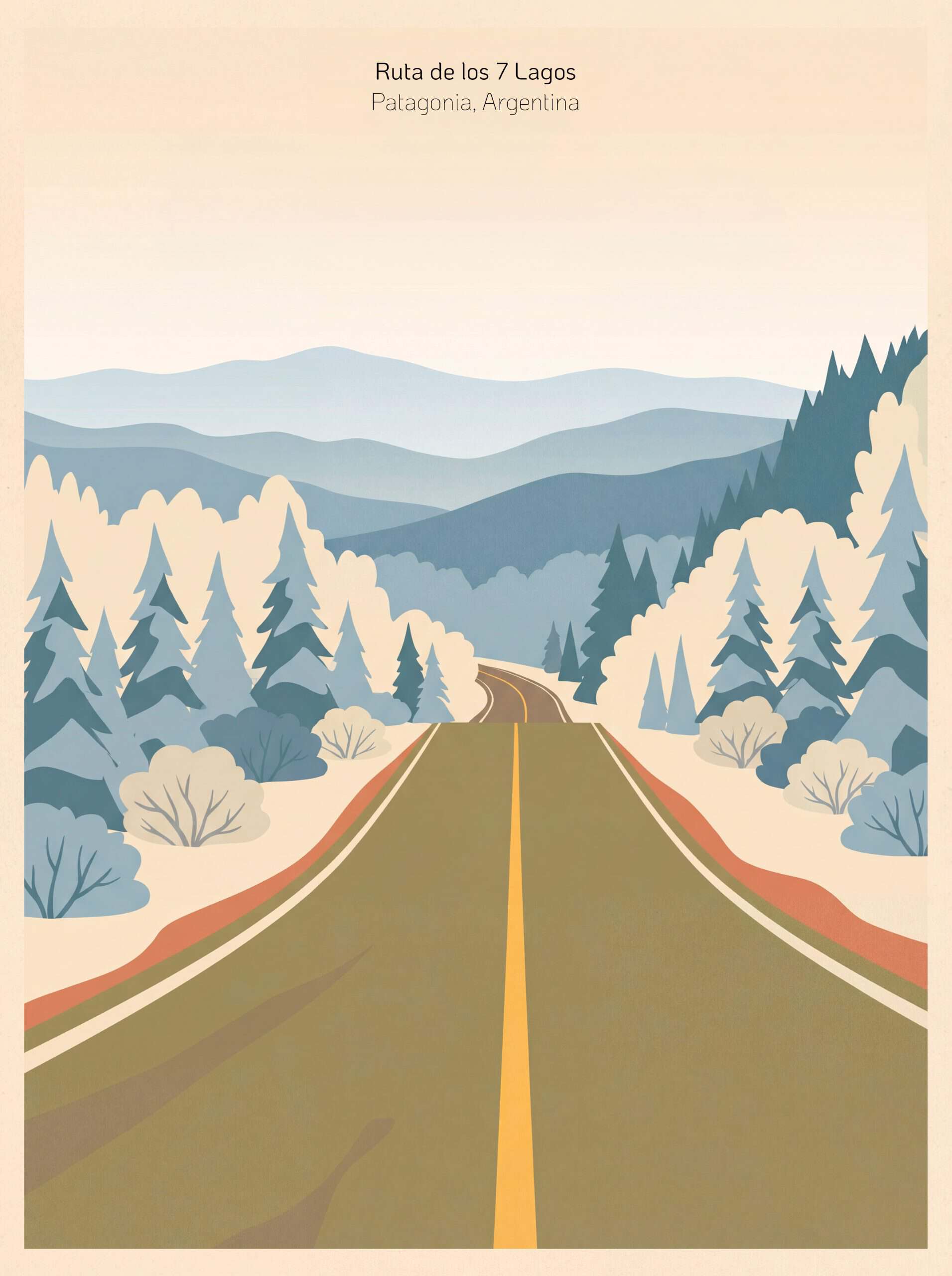 Camino en la Patagonia, Argentina con montañas y árboles en tonos pastel.