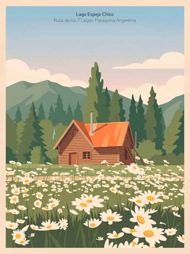 Casa en Lago Espejo Chico, Patagonia Argentina, rodeada de flores y naturaleza.