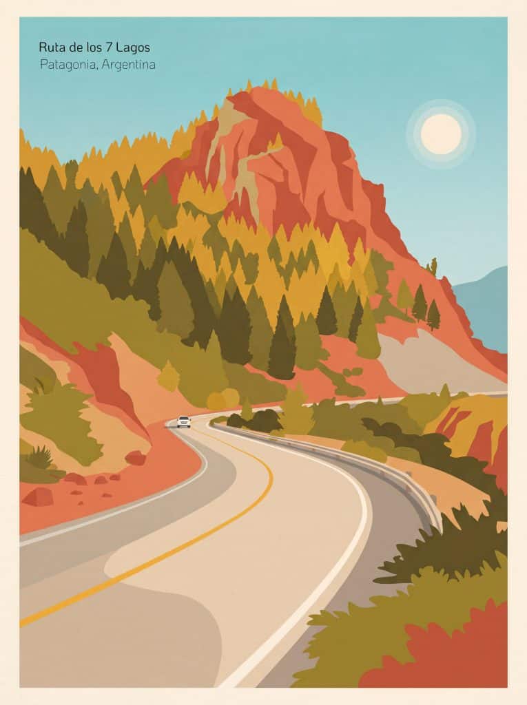 Ruta de los 7 Lagos en Patagonia, Argentina, con vistas a montañas y carretera pintoresca.