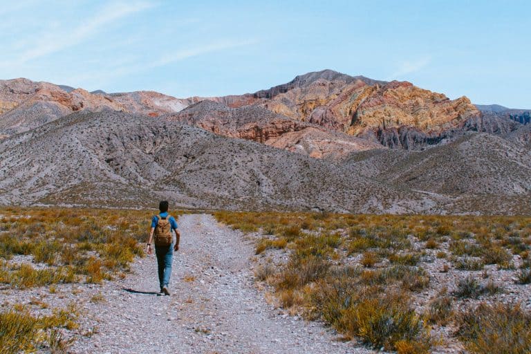 Senderista caminando por la Quebrada de Humahuaca en Huacalera, con montañas coloridas de fondo.