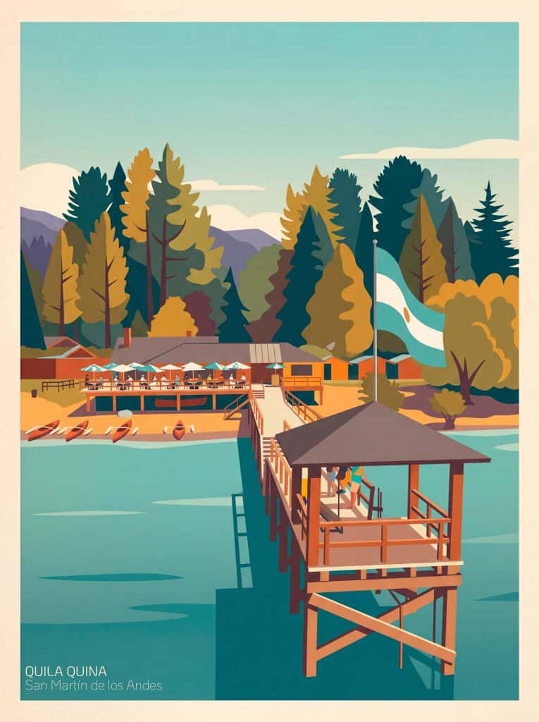 Muelle en San Martín de los Andes rodeado de naturaleza y lagos.