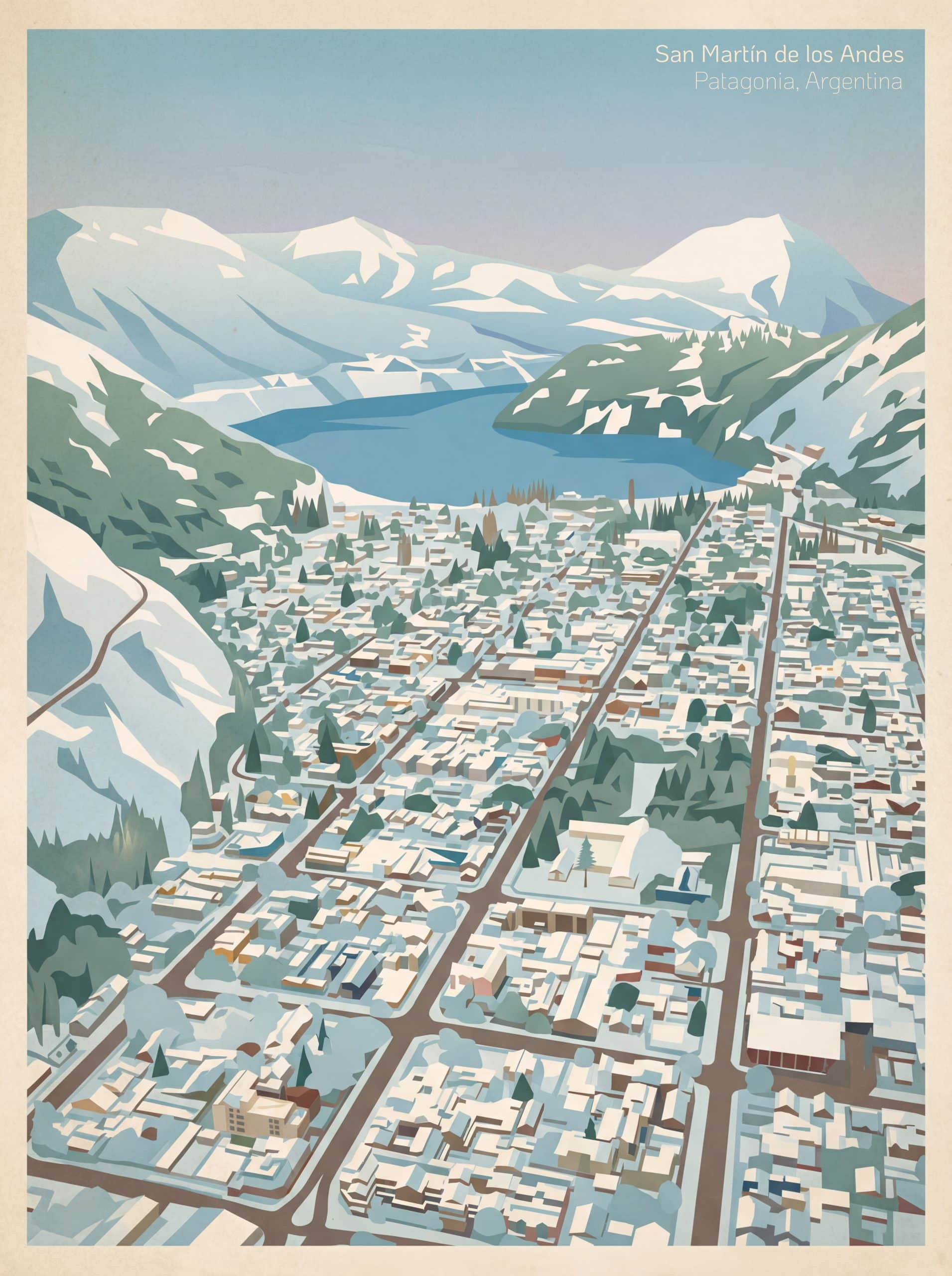 Paisaje urbano de San Martín de los Andes con montañas nevadas y lago en el fondo.
