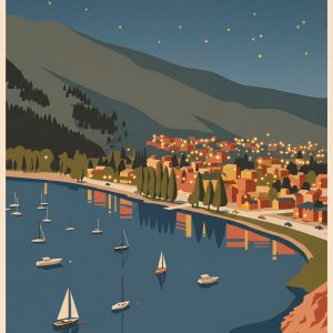 Paisaje nocturno de San Martín de los Andes, Patagonia, Argentina con laguna y montañas.