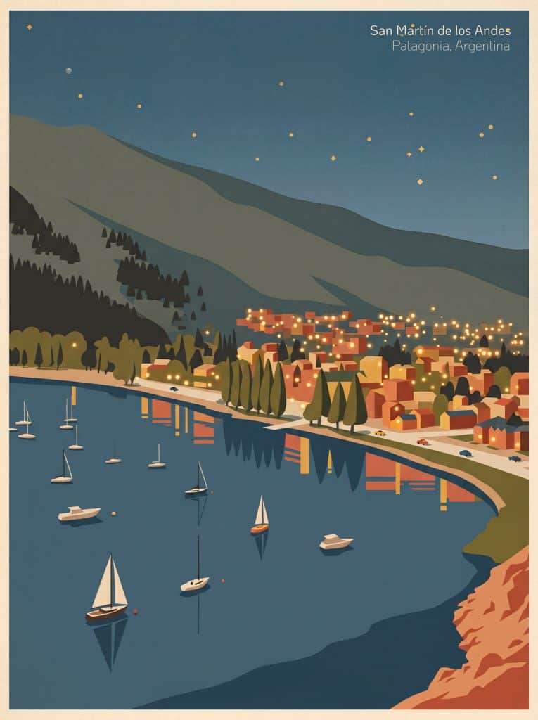 Paisaje nocturno de San Martín de los Andes, Patagonia, Argentina con laguna y montañas.