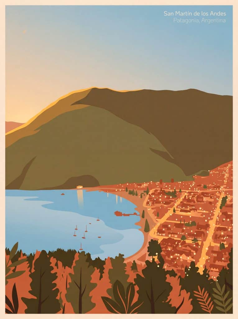 Paisaje de San Martín de los Andes, Patagonia Argentina, con montañas y lago.