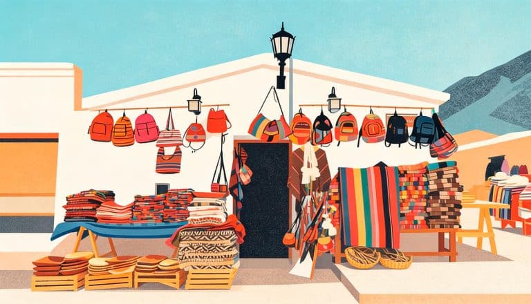 Puerta de mercado con textiles y artesanías coloridas en Tilcara.