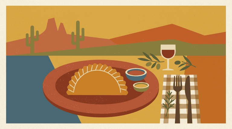 Plato de tacos con salsa, vino y utensilios en paisaje desértico.